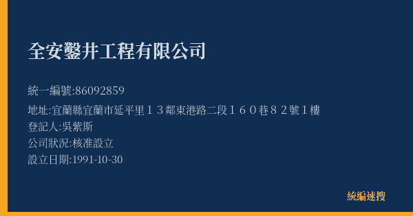 全安鑿井工程有限公司的照片-統編 86092859(宜蘭縣) 公司登記資料與營業項目詳細圖表