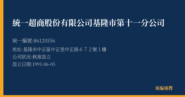 統一超商股份有限公司基隆市第十一分公司的照片-統編 86120356(基隆市) 公司登記資料與營業項目詳細圖表