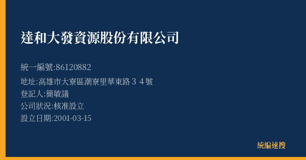 達和大發資源股份有限公司的照片-統編 86120882(高雄市) 公司登記資料與營業項目詳細圖表