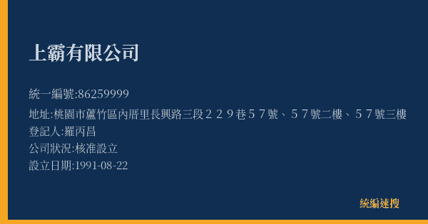 上霸有限公司的照片-統編 86259999(桃園市) 公司登記資料與營業項目詳細圖表