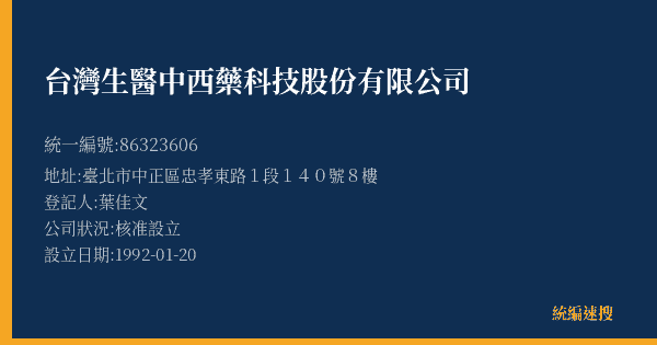 台灣生醫中西藥科技股份有限公司的照片-統編 86323606(臺北市) 公司登記資料與營業項目詳細圖表