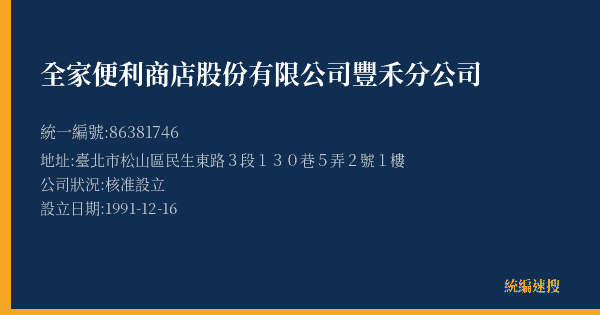 全家便利商店股份有限公司豐禾分公司的照片-統編 86381746(臺北市) 公司登記資料與營業項目詳細圖表