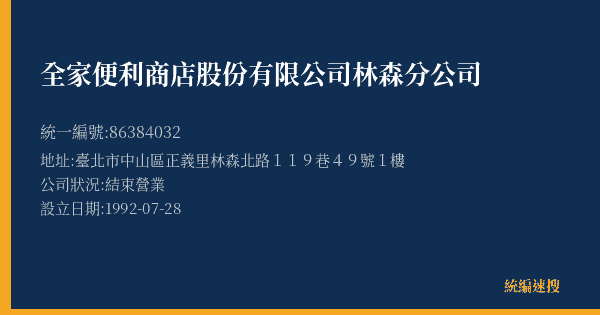 全家便利商店股份有限公司林森分公司的照片-統編 86384032(臺北市) 公司登記資料與營業項目詳細圖表