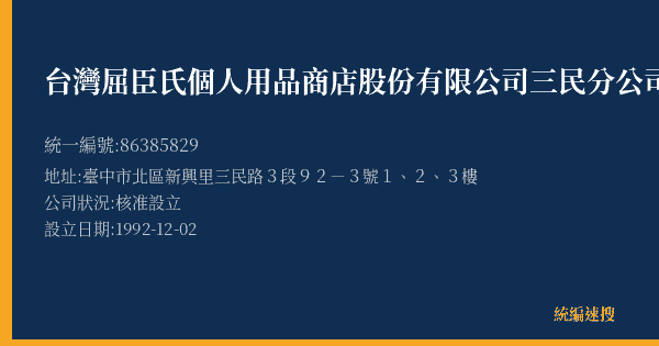 台灣屈臣氏個人用品商店股份有限公司三民分公司的照片-統編 86385829(臺中市) 公司登記資料與營業項目詳細圖表