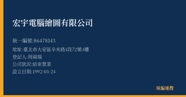 宏宇電腦繪圖有限公司的照片-統編 86478143(臺北市) 公司登記資料與營業項目詳細圖表