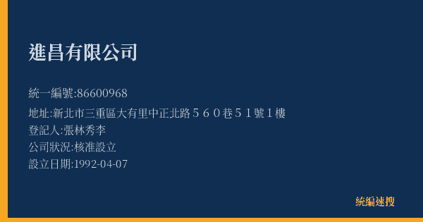 進昌有限公司的照片-統編 86600968(新北市) 公司登記資料與營業項目詳細圖表