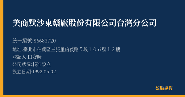 美商默沙東藥廠股份有限公司台灣分公司的照片-統編 86683720(臺北市) 公司登記資料與營業項目詳細圖表