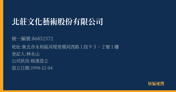 北莊文化藝術股份有限公司的照片-統編 86852372(新北市) 公司登記資料與營業項目詳細圖表