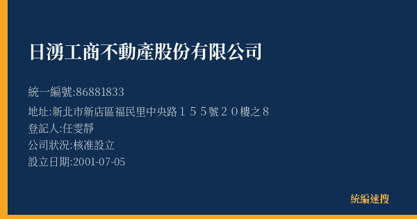 日湧工商不動產股份有限公司的照片-統編 86881833(新北市) 公司登記資料與營業項目詳細圖表