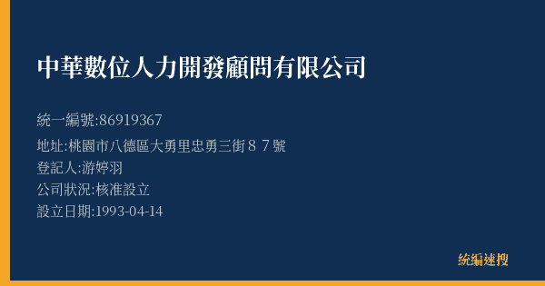 中華數位人力開發顧問有限公司的照片-統編 86919367(桃園市) 公司登記資料與營業項目詳細圖表