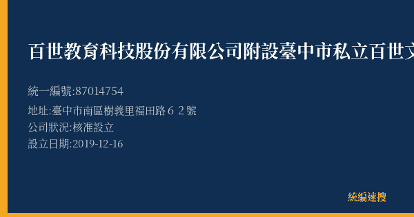 百世教育科技股份有限公司附設臺中市私立百世文理技藝短期補習班的照片-統編 87014754(臺中市) 公司登記資料與營業項目詳細圖表