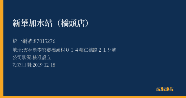 新華加水站(橋頭店)的照片-統編 87015276(雲林縣) 公司登記資料與營業項目詳細圖表