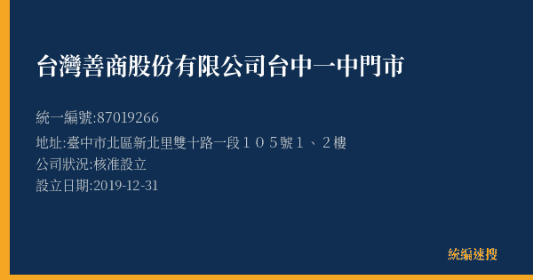台灣善商股份有限公司台中一中門市的照片-統編 87019266(臺中市) 公司登記資料與營業項目詳細圖表