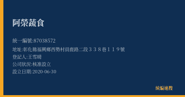 阿榮蔬食的照片-統編 87038572(彰化縣) 公司登記資料與營業項目詳細圖表