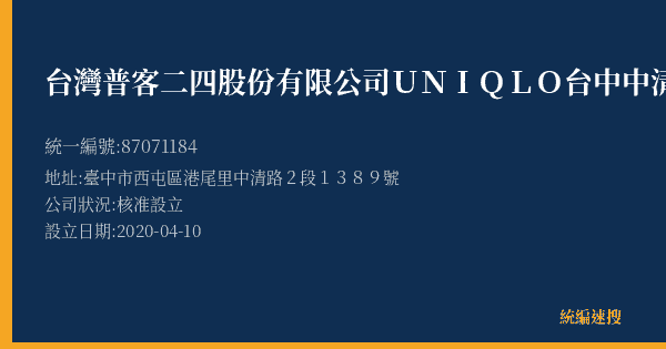 台灣普客二四股份有限公司UNIQLO台中中清路店停車場的照片-統編 87071184(臺中市) 公司登記資料與營業項目詳細圖表