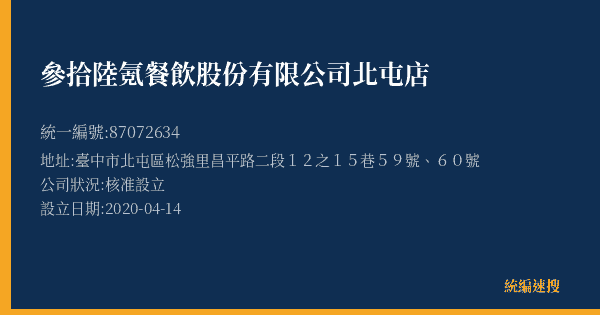 參拾陸氪餐飲股份有限公司北屯店的照片-統編 87072634(臺中市) 公司登記資料與營業項目詳細圖表