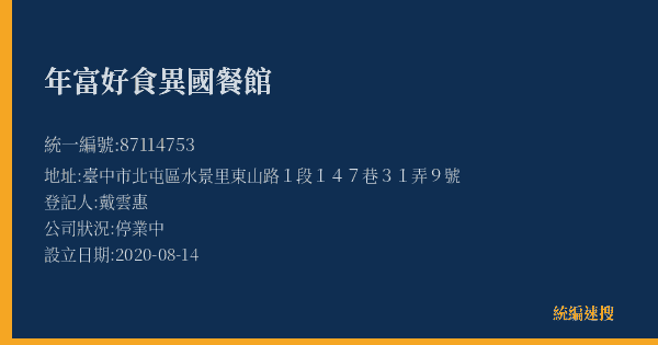 年富好食異國餐館的照片-統編 87114753(臺中市) 公司登記資料與營業項目詳細圖表