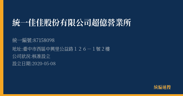 統一佳佳股份有限公司超億營業所的照片-統編 87158098(臺中市) 公司登記資料與營業項目詳細圖表