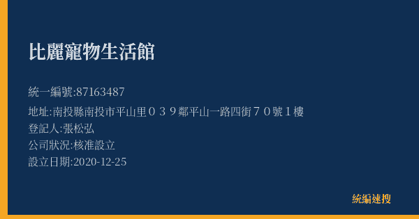 比麗寵物生活館的照片-統編 87163487(南投縣) 公司登記資料與營業項目詳細圖表