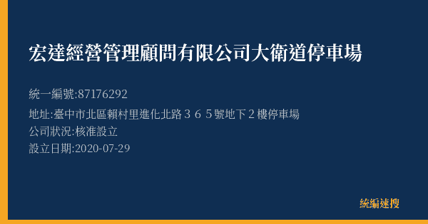 宏達經營管理顧問有限公司大衛道停車場的照片-統編 87176292(臺中市) 公司登記資料與營業項目詳細圖表