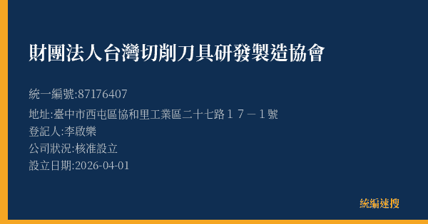 財團法人台灣切削刀具研發製造協會的照片-統編 87176407(臺中市) 公司登記資料與營業項目詳細圖表