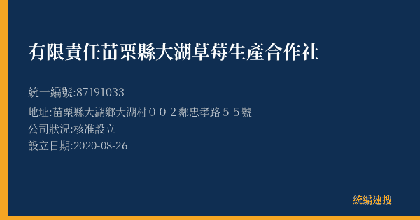 有限責任苗栗縣大湖草莓生產合作社的照片-統編 87191033(苗栗縣) 公司登記資料與營業項目詳細圖表