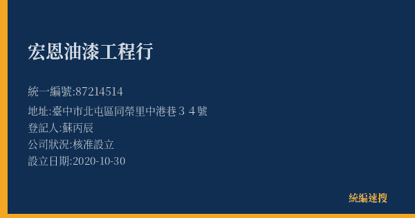 宏恩油漆工程行的照片-統編 87214514(臺中市) 公司登記資料與營業項目詳細圖表