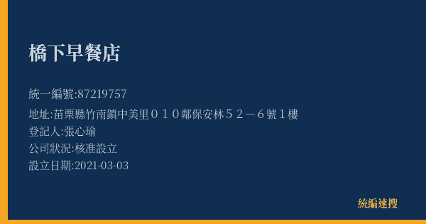 橋下早餐店的照片-統編 87219757(苗栗縣) 公司登記資料與營業項目詳細圖表