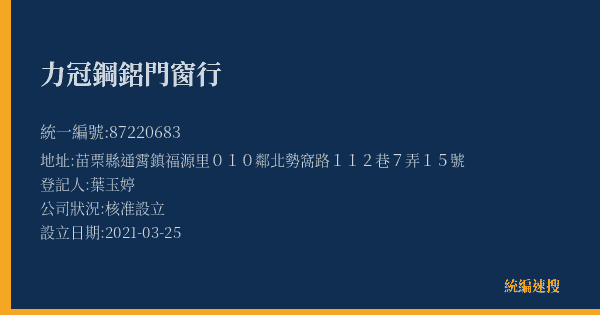 力冠鋼鋁門窗行的照片-統編 87220683(苗栗縣) 公司登記資料與營業項目詳細圖表
