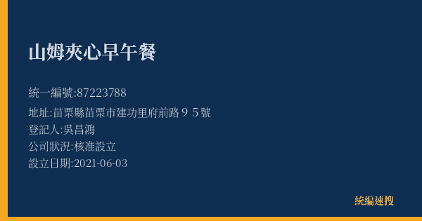 山姆夾心早午餐的照片-統編 87223788(苗栗縣) 公司登記資料與營業項目詳細圖表