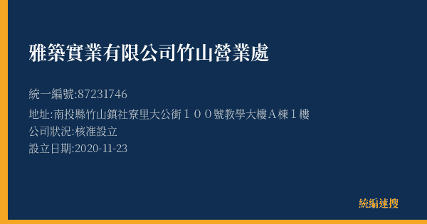 雅築實業有限公司竹山營業處的照片-統編 87231746(南投縣) 公司登記資料與營業項目詳細圖表
