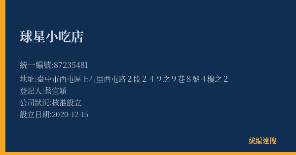 球星小吃店的照片-統編 87235481(臺中市) 公司登記資料與營業項目詳細圖表