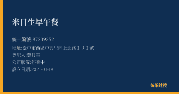 米日生早午餐的照片-統編 87239352(臺中市) 公司登記資料與營業項目詳細圖表
