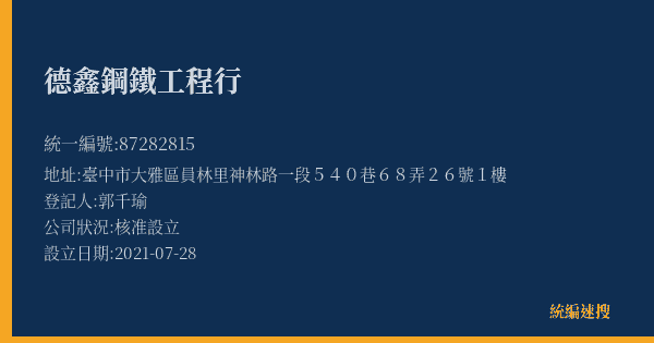 德鑫鋼鐵工程行的照片-統編 87282815(臺中市) 公司登記資料與營業項目詳細圖表