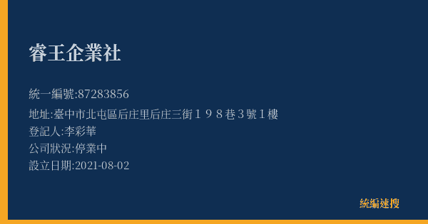 睿王企業社的照片-統編 87283856(臺中市) 公司登記資料與營業項目詳細圖表