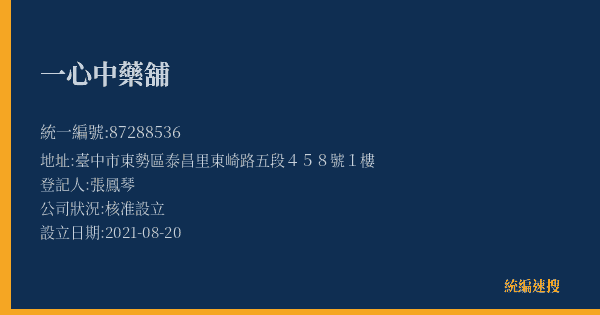 一心中藥舖的照片-統編 87288536(臺中市) 公司登記資料與營業項目詳細圖表
