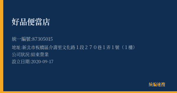 好品便當店的照片-統編 87305015(新北市) 公司登記資料與營業項目詳細圖表