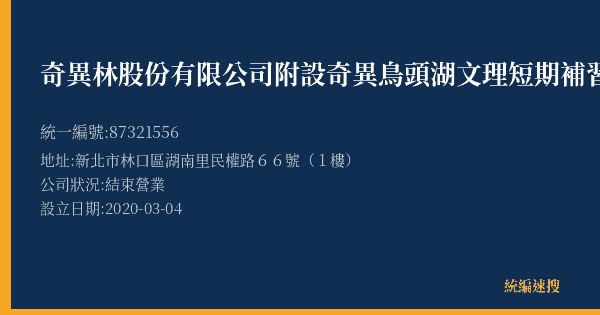 奇異林股份有限公司附設奇異鳥頭湖文理短期補習班的照片-統編 87321556(新北市) 公司登記資料與營業項目詳細圖表