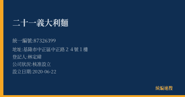 二十一義大利麵的照片-統編 87326399(基隆市) 公司登記資料與營業項目詳細圖表