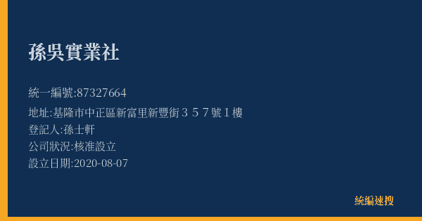 孫吳實業社的照片-統編 87327664(基隆市) 公司登記資料與營業項目詳細圖表