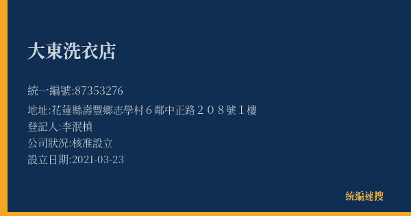 大東洗衣店的照片-統編 87353276(花蓮縣) 公司登記資料與營業項目詳細圖表