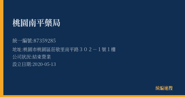 桃園南平藥局的照片-統編 87359285(桃園市) 公司登記資料與營業項目詳細圖表