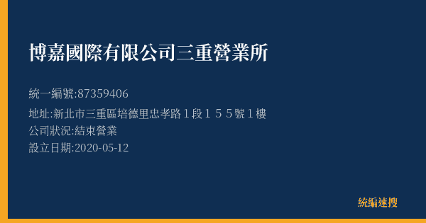 博嘉國際有限公司三重營業所的照片-統編 87359406(新北市) 公司登記資料與營業項目詳細圖表