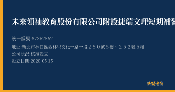 未來領袖教育股份有限公司附設捷瑞文理短期補習班的照片-統編 87362562(新北市) 公司登記資料與營業項目詳細圖表