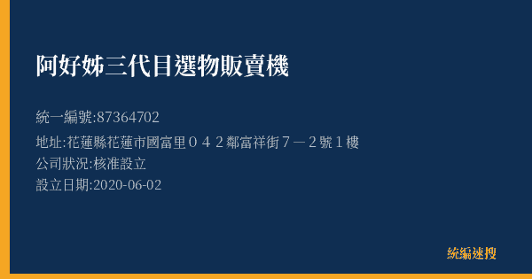 阿好姊三代目選物販賣機的照片-統編 87364702(花蓮縣) 公司登記資料與營業項目詳細圖表