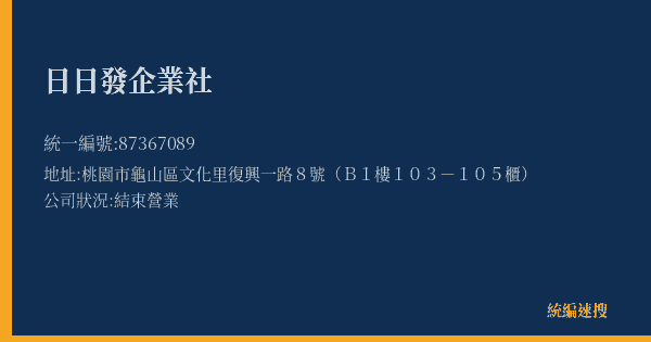 日日發企業社的照片-統編 87367089(桃園市) 公司登記資料與營業項目詳細圖表