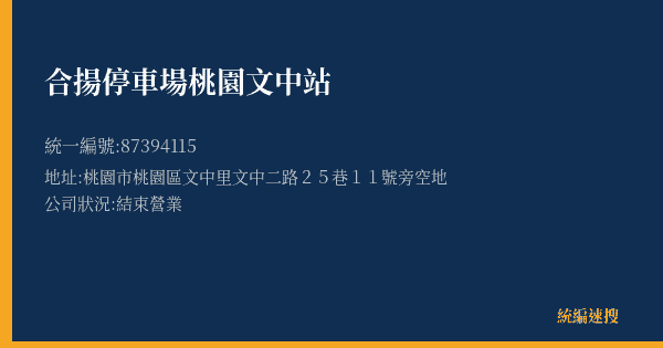 合揚停車場桃園文中站的照片-統編 87394115(桃園市) 公司登記資料與營業項目詳細圖表