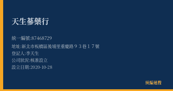天生蔘藥行的照片-統編 87468729(新北市) 公司登記資料與營業項目詳細圖表