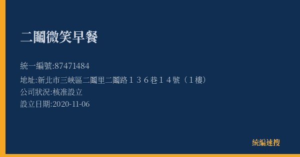 二鬮微笑早餐的照片-統編 87471484(新北市) 公司登記資料與營業項目詳細圖表