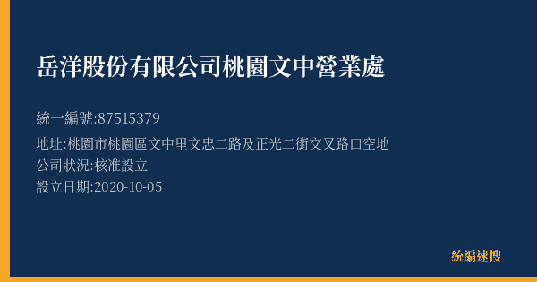 岳洋股份有限公司桃園文中營業處的照片-統編 87515379(桃園市) 公司登記資料與營業項目詳細圖表
